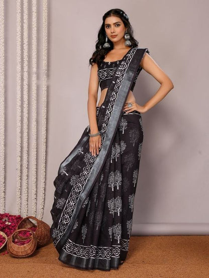 Black Cotton blend Block Print Saree with Attached Blouse Piece [ Export Quality ]
