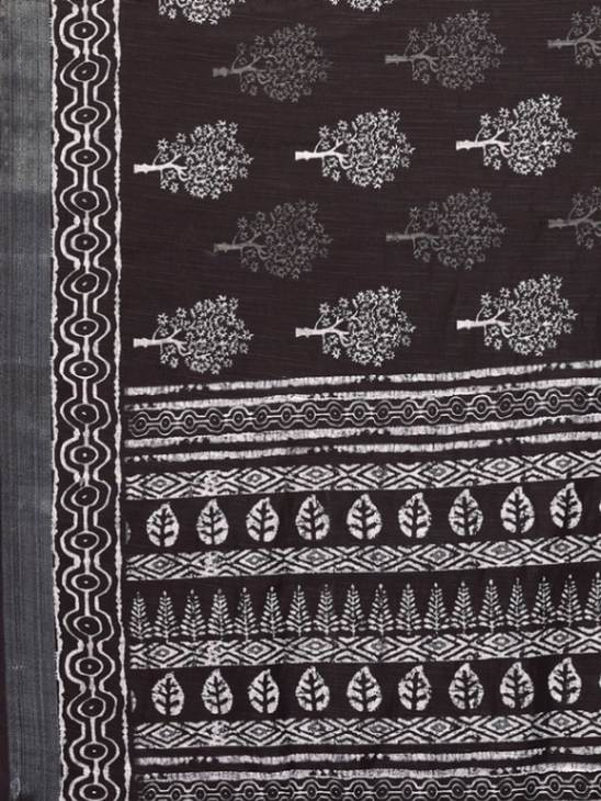 Black Cotton blend Block Print Saree with Attached Blouse Piece [ Export Quality ]