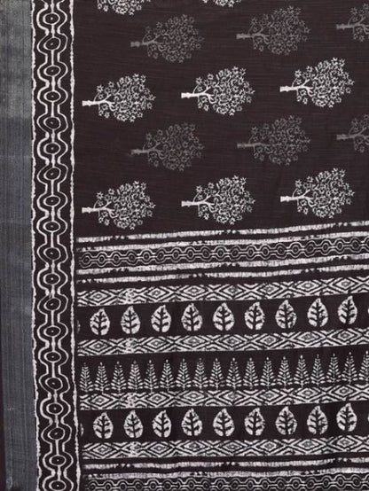 Black Cotton blend Block Print Saree with Attached Blouse Piece [ Export Quality ]