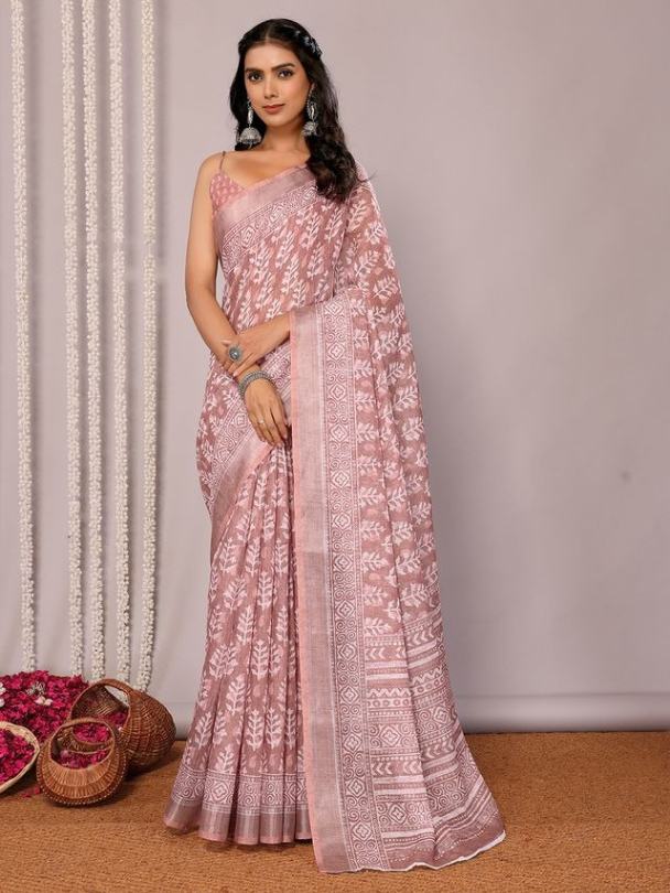 Light Rusty Pink Handloom Cotton blend Saree with Attached Blouse Piece [ Export Quality]