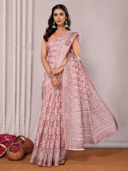 Light Rusty Pink Handloom Cotton blend Saree with Attached Blouse Piece [ Export Quality]