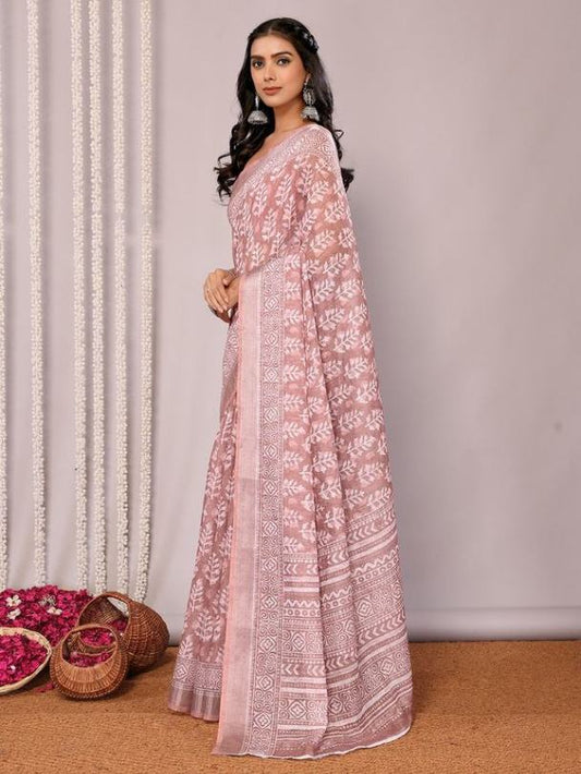 Light Rusty Pink Handloom Cotton blend Saree with Attached Blouse Piece [ Export Quality]