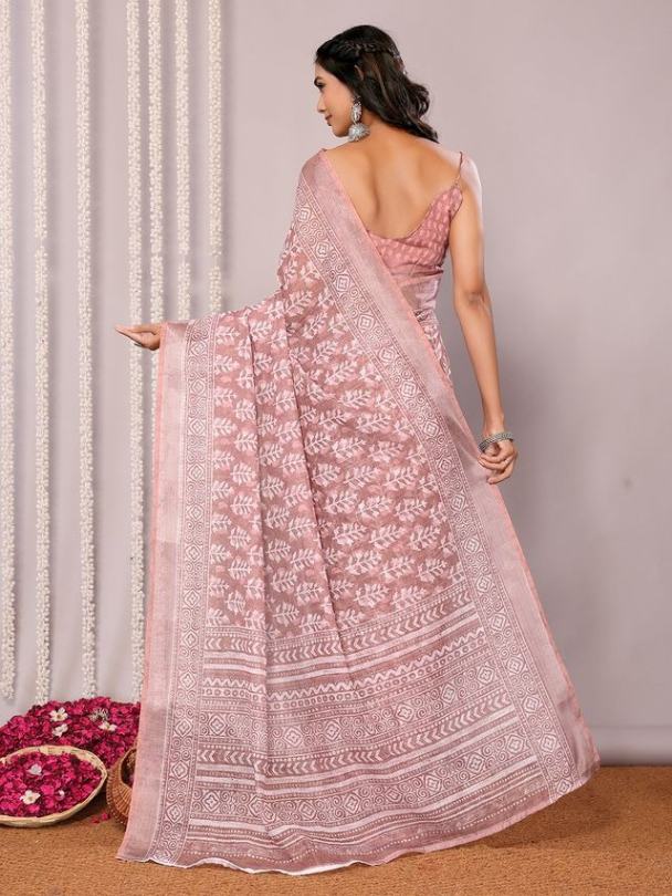 Light Rusty Pink Handloom Cotton blend Saree with Attached Blouse Piece [ Export Quality]