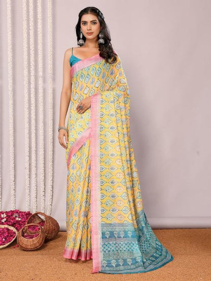 Yellow Printed Handloom Cotton blend Saree with Attached Blouse Piece [ Export Quality ]