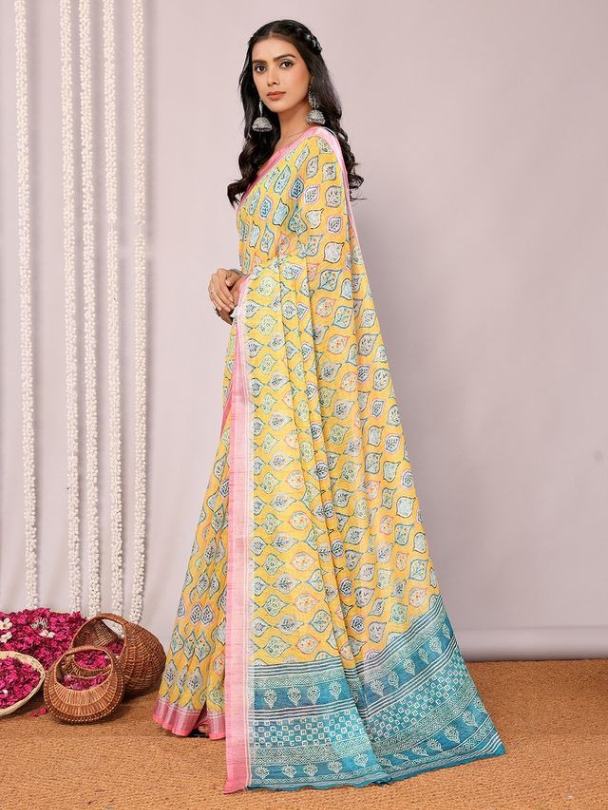Yellow Printed Handloom Cotton blend Saree with Attached Blouse Piece [ Export Quality ]