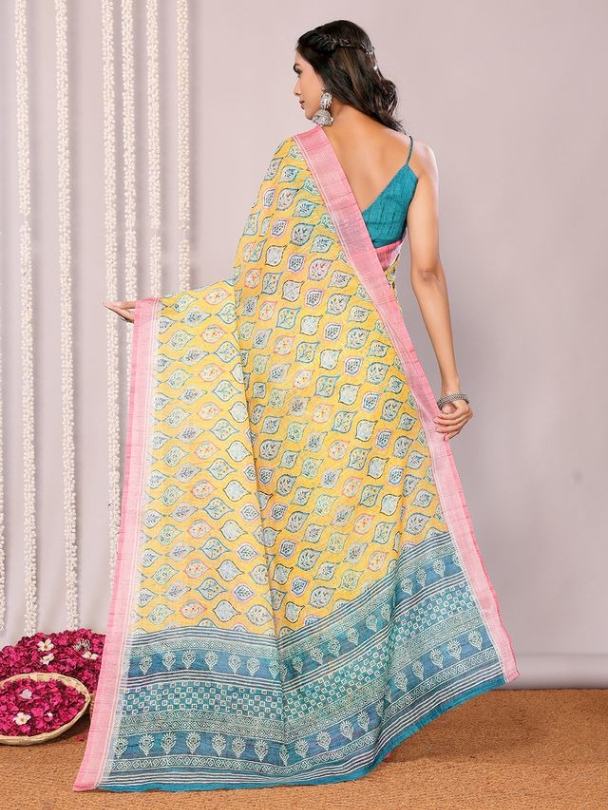 Yellow Printed Handloom Cotton blend Saree with Attached Blouse Piece [ Export Quality ]