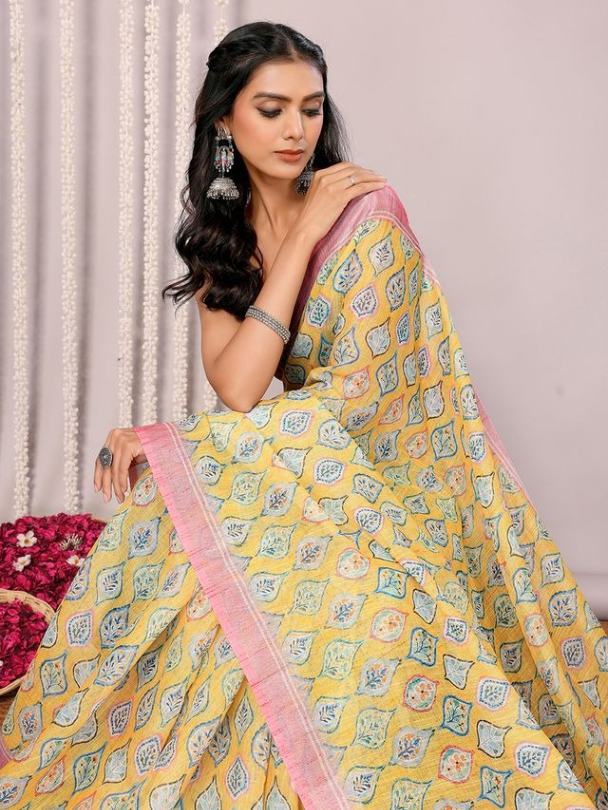 Yellow Printed Handloom Cotton blend Saree with Attached Blouse Piece [ Export Quality ]