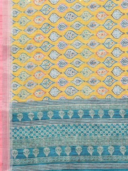 Yellow Printed Handloom Cotton blend Saree with Attached Blouse Piece [ Export Quality ]