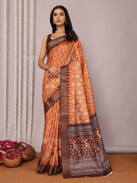 Traditional Handwoven Ikat Motifs Silk Blend Rusty-Orange Saree with Blouse Piece [ Export Quality ]
