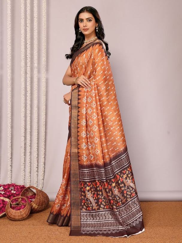 Traditional Handwoven Ikat Motifs Silk Blend Rusty-Orange Saree with Blouse Piece [ Export Quality ]