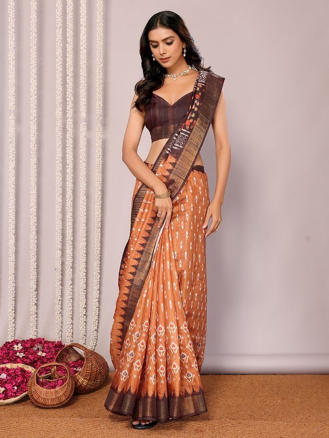 Traditional Handwoven Ikat Motifs Silk Blend Rusty-Orange Saree with Blouse Piece [ Export Quality ]