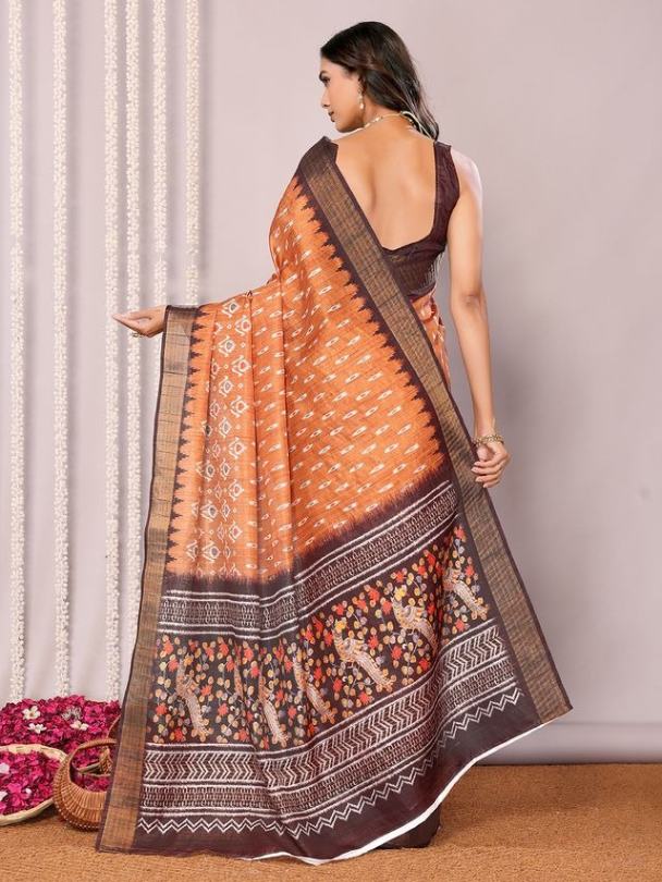 Traditional Handwoven Ikat Motifs Silk Blend Rusty-Orange Saree with Blouse Piece [ Export Quality ]