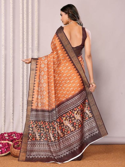 Traditional Handwoven Ikat Motifs Silk Blend Rusty-Orange Saree with Blouse Piece [ Export Quality ]