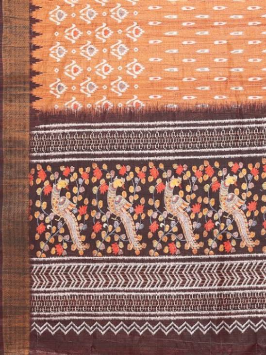 Traditional Handwoven Ikat Motifs Silk Blend Rusty-Orange Saree with Blouse Piece [ Export Quality ]
