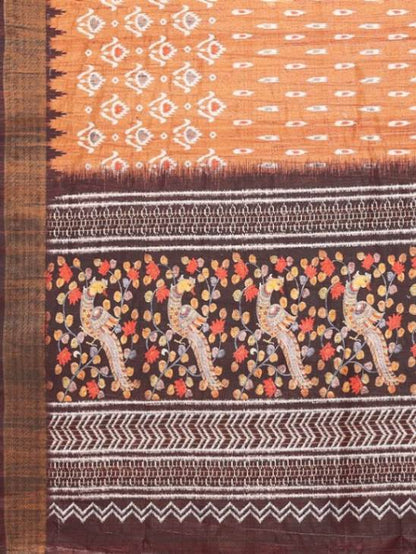 Traditional Handwoven Ikat Motifs Silk Blend Rusty-Orange Saree with Blouse Piece [ Export Quality ]