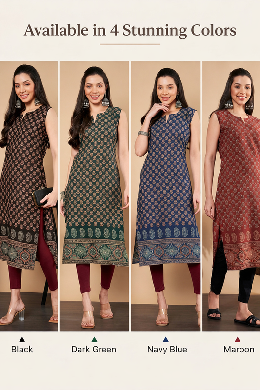 Sleeveless Floral Print Straight-Cut Cotton Punjabi Kurta \ Only Top [ Export Quality ]