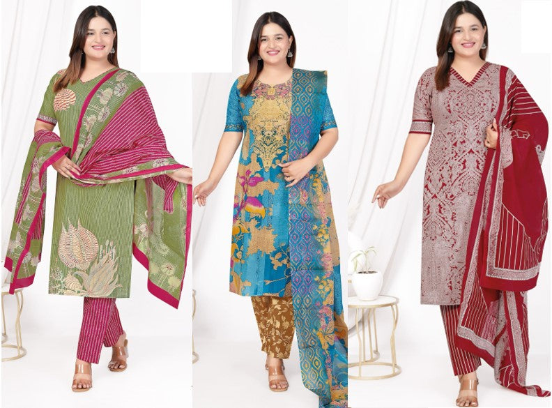 [Ready Stock]  Plus Size Comfortable Cotton 3 Pcs Punjabi Suit With Dupatta [ Export Quality]