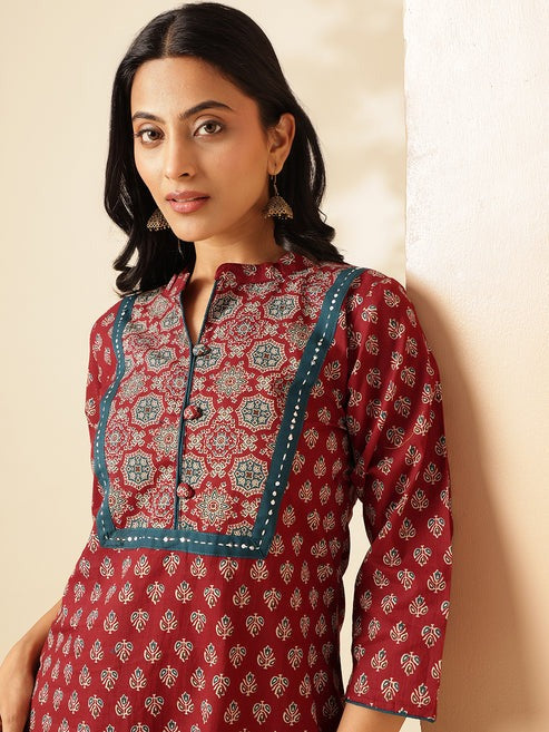 Maroon Floral Printed Straight Cotton Punjabi Kurta \ Only Top [ Export Quality ]