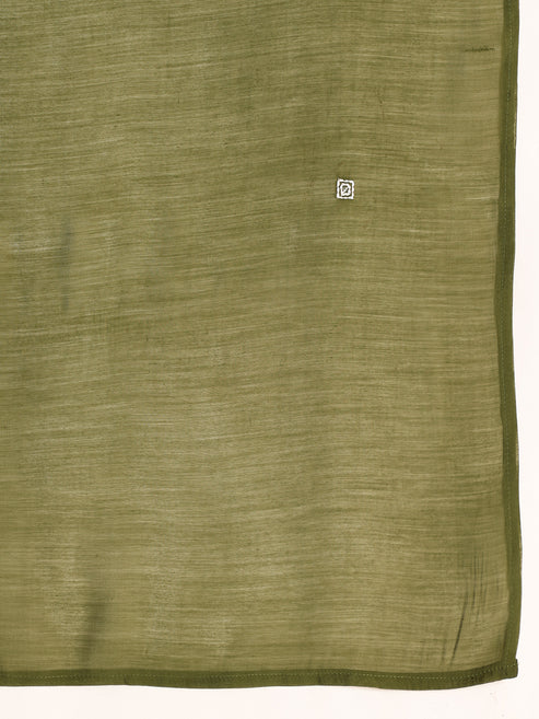 Olive Green Mul Chanderi Embroidered 3 Pcs Punjabi Suit with Linings