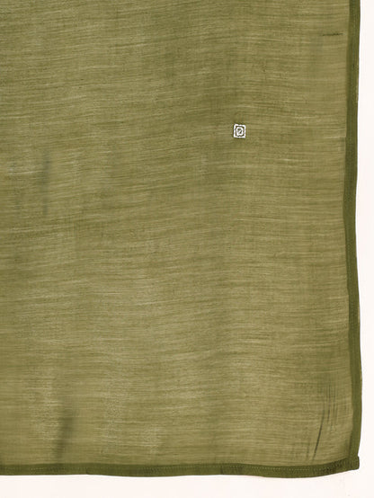 Olive Green Mul Chanderi Embroidered 3 Pcs Punjabi Suit with Linings