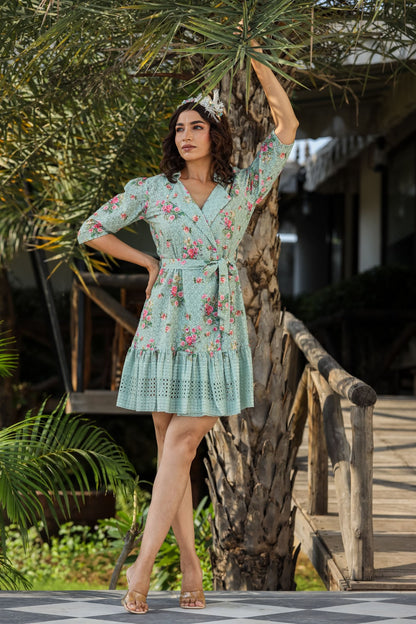 Green Floral Schiffli Tunic/ A Line Dress with Beautiful Blazer Neck Tunic \ Top \ Dress [ Export Quality ]