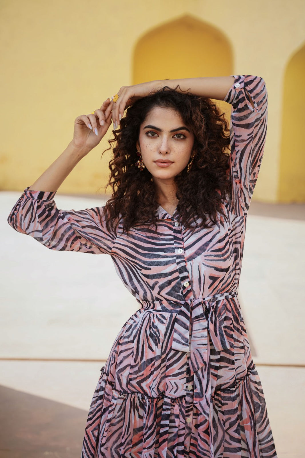 Peach Soft Chiffon A Line Dress with Beautiful Tiger Stripe Printed Tunic \ Top \ Dress [ Export Quality ]