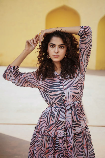 Peach Soft Chiffon A Line Dress with Beautiful Tiger Stripe Printed Tunic \ Top \ Dress [ Export Quality ]