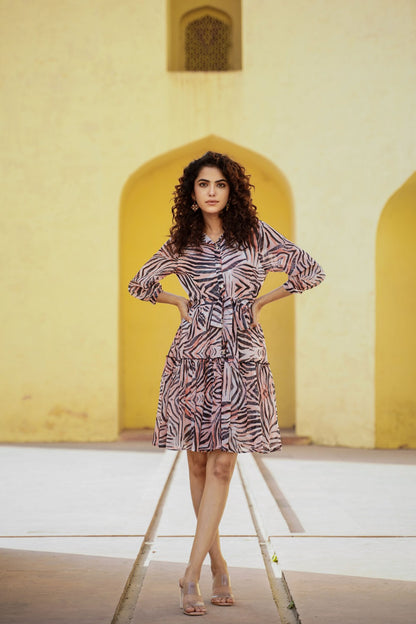 Peach Soft Chiffon A Line Dress with Beautiful Tiger Stripe Printed Tunic \ Top \ Dress [ Export Quality ]