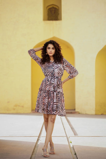 Peach Soft Chiffon A Line Dress with Beautiful Tiger Stripe Printed Tunic \ Top \ Dress [ Export Quality ]