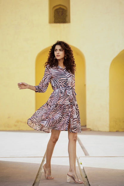 Peach Soft Chiffon A Line Dress with Beautiful Tiger Stripe Printed Tunic \ Top \ Dress [ Export Quality ]