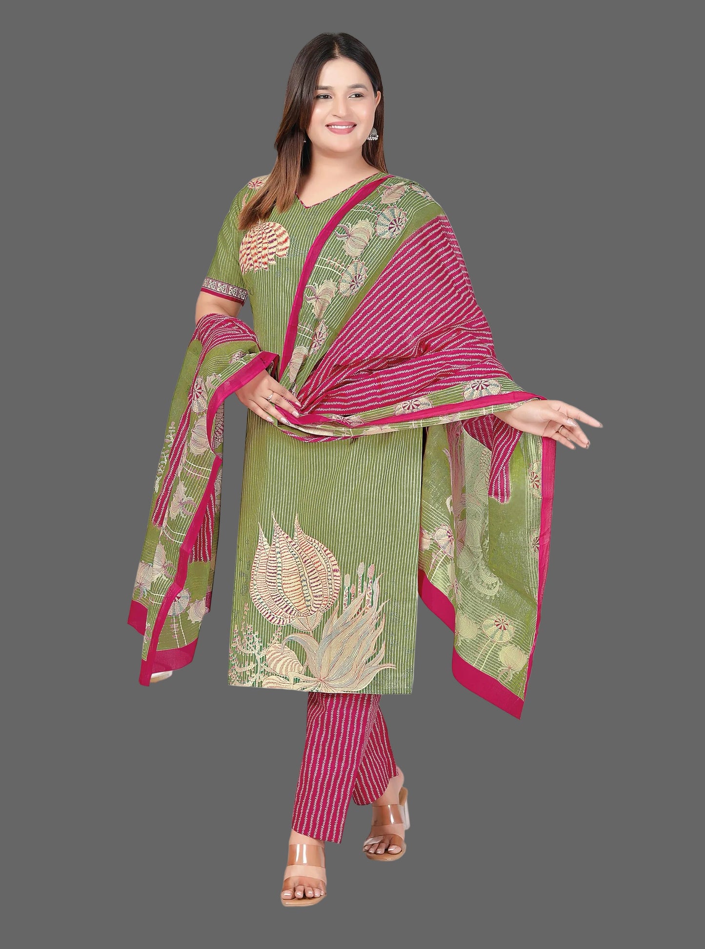 [Ready Stock]  Plus Size Comfortable Cotton 3 Pcs Punjabi Suit With Dupatta [ Export Quality]