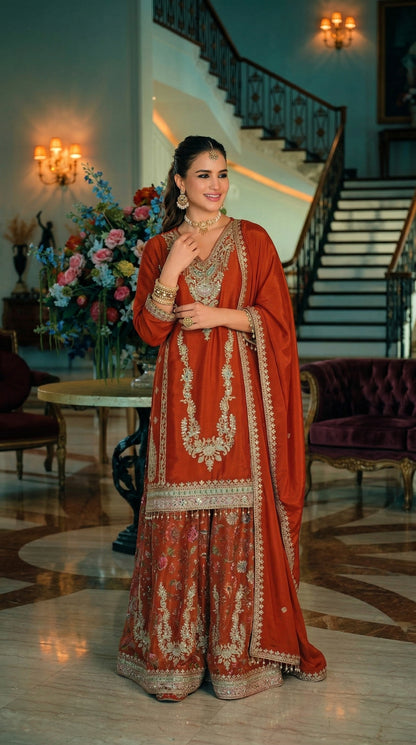 Luxury Chinon Silk Blend Kurta with Jacquard Sharara and Matching Dupatta – Designer Festive Ethnic Punjabi Suit  [ Export Quality ]