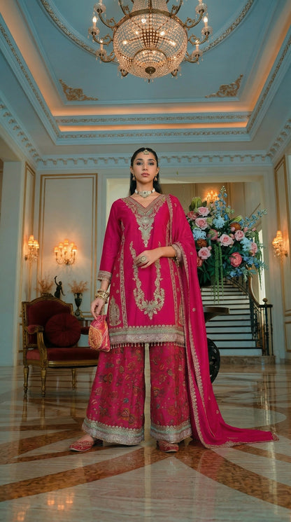 Luxury Chinon Silk Blend Kurta with Jacquard Sharara and Matching Dupatta – Designer Festive Ethnic Punjabi Suit  [ Export Quality ]