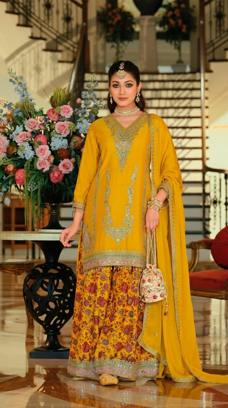 Luxury Chinon Silk Blend Kurta with Jacquard Sharara and Matching Dupatta – Designer Festive Ethnic Punjabi Suit  [ Export Quality ]