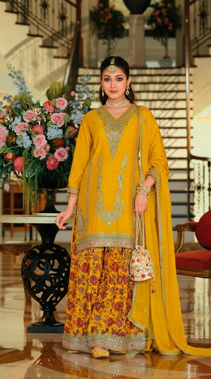 Luxury Chinon Silk Blend Kurta with Jacquard Sharara and Matching Dupatta – Designer Festive Ethnic Punjabi Suit  [ Export Quality ]