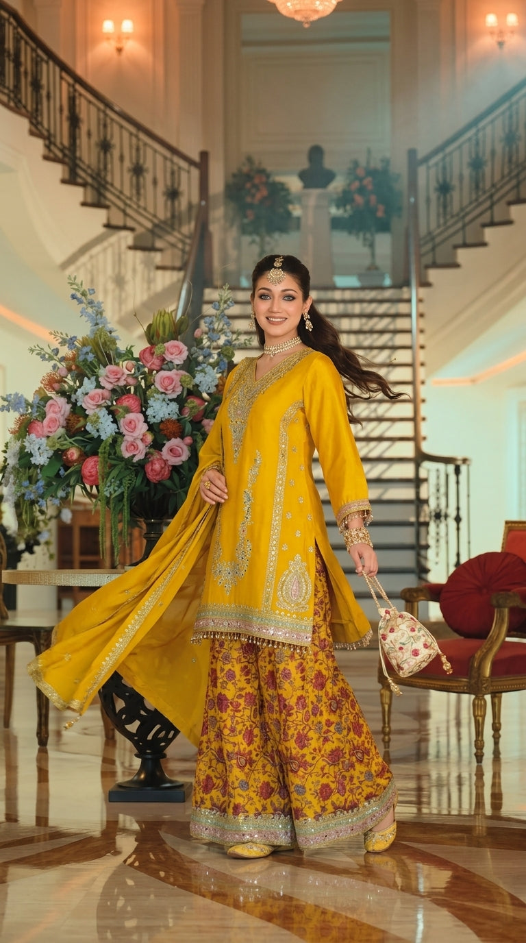 Luxury Chinon Silk Blend Kurta with Jacquard Sharara and Matching Dupatta – Designer Festive Ethnic Punjabi Suit  [ Export Quality ]
