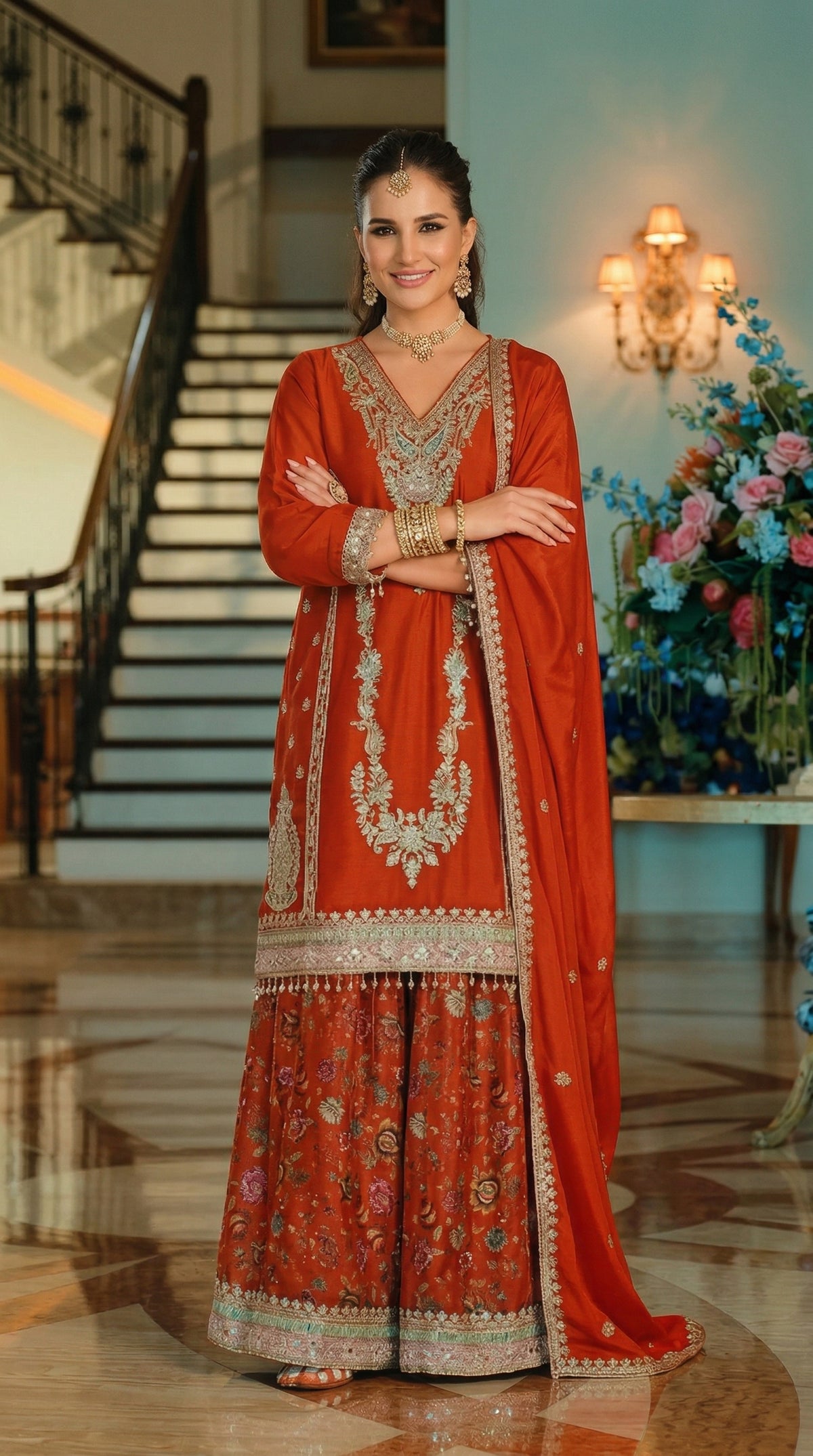 Luxury Chinon Silk Blend Kurta with Jacquard Sharara and Matching Dupatta – Designer Festive Ethnic Punjabi Suit  [ Export Quality ]
