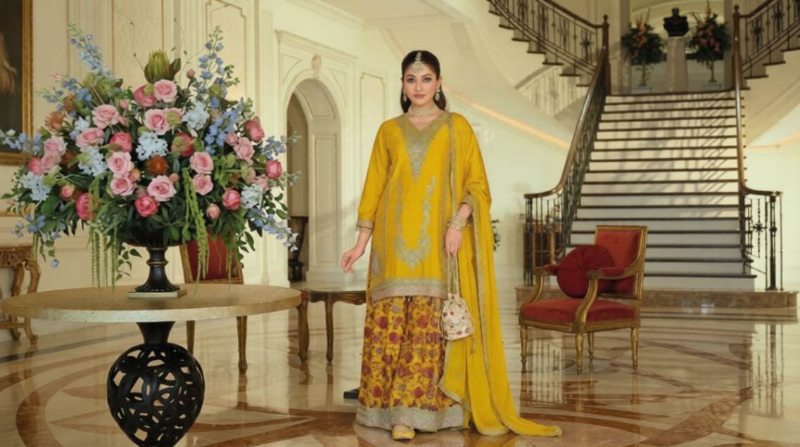 Luxury Chinon Silk Blend Kurta with Jacquard Sharara and Matching Dupatta – Designer Festive Ethnic Punjabi Suit  [ Export Quality ]