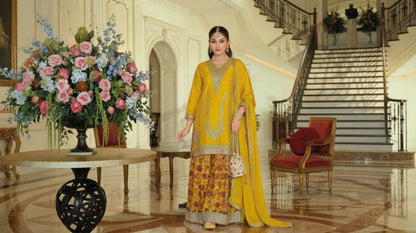 Luxury Chinon Silk Blend Kurta with Jacquard Sharara and Matching Dupatta – Designer Festive Ethnic Punjabi Suit  [ Export Quality ]