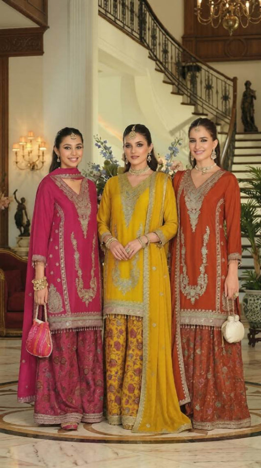 Luxury Chinon Silk Blend Kurta with Jacquard Sharara and Matching Dupatta – Designer Festive Ethnic Punjabi Suit  [ Export Quality ]