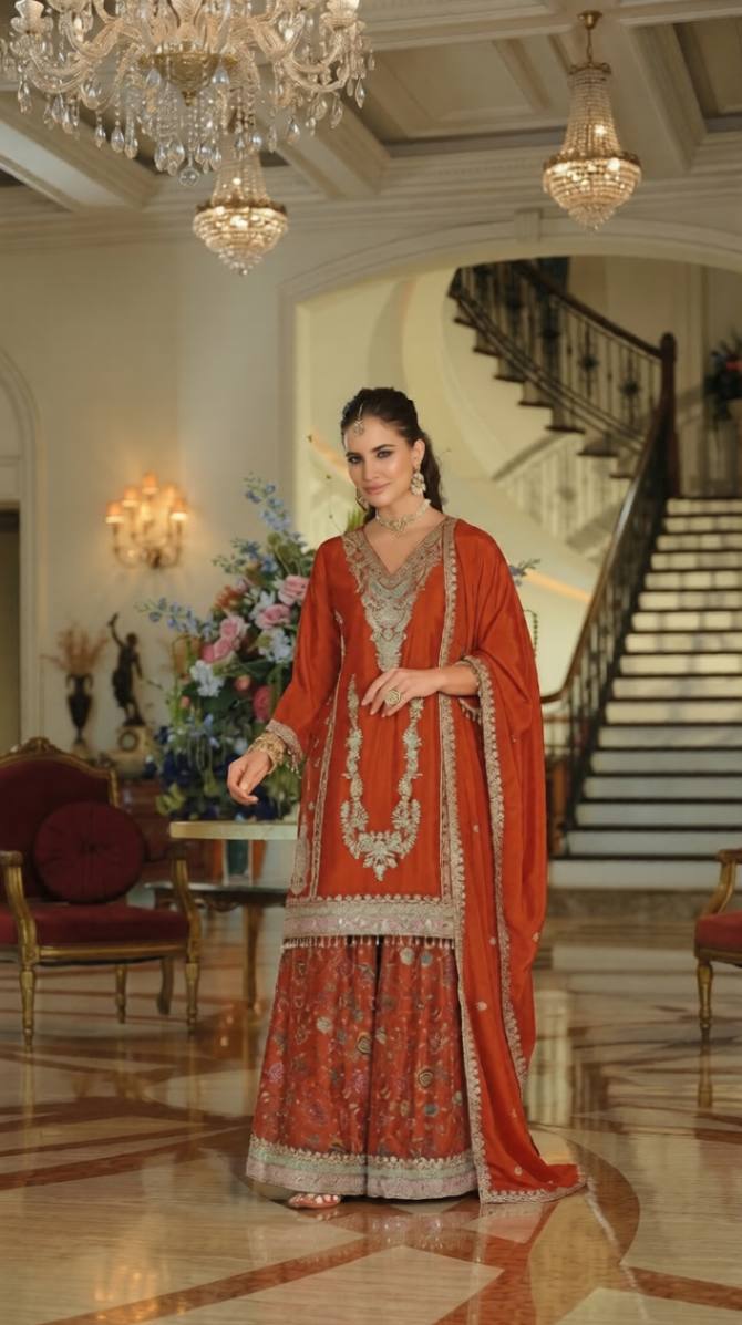 Luxury Chinon Silk Blend Kurta with Jacquard Sharara and Matching Dupatta – Designer Festive Ethnic Punjabi Suit  [ Export Quality ]