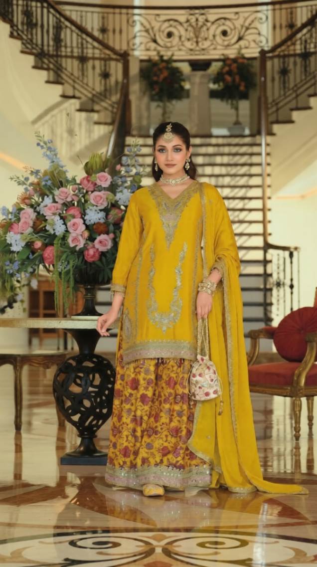 Luxury Chinon Silk Blend Kurta with Jacquard Sharara and Matching Dupatta – Designer Festive Ethnic Punjabi Suit  [ Export Quality ]