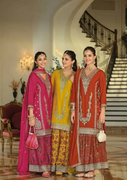 Luxury Chinon Silk Blend Kurta with Jacquard Sharara and Matching Dupatta – Designer Festive Ethnic Punjabi Suit  [ Export Quality ]