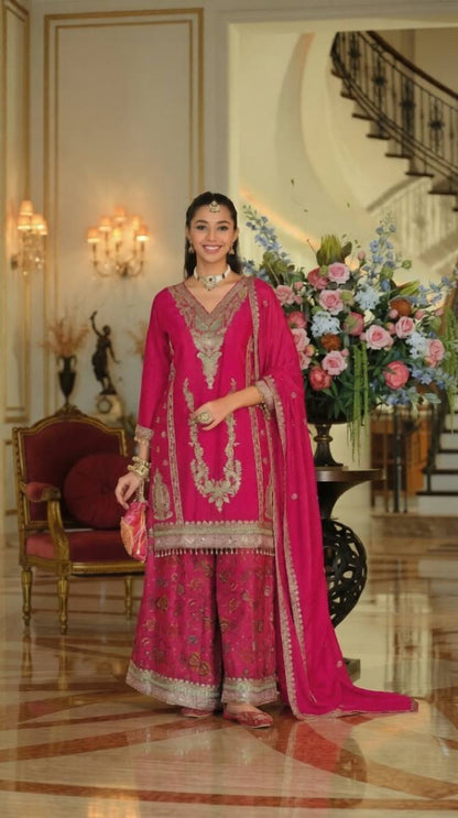 Luxury Chinon Silk Blend Kurta with Jacquard Sharara and Matching Dupatta – Designer Festive Ethnic Punjabi Suit  [ Export Quality ]