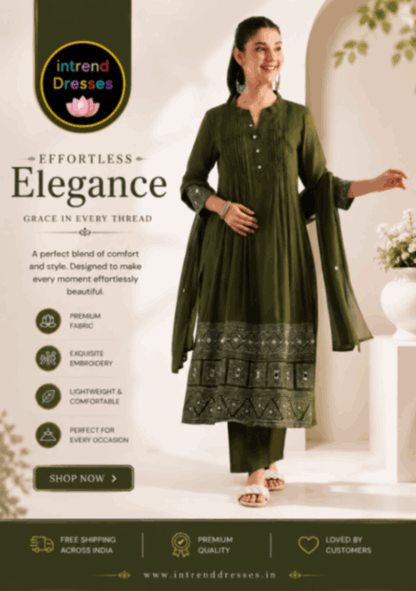 Olive Green Mul Chanderi Embroidered 3 Pcs Punjabi Suit with Linings