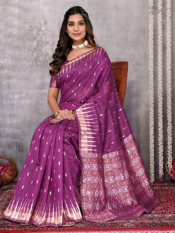 Dark Gray and Purple Chanderi Zari-woven Saree with Attached Blouse Piece [ Export Quality ]
