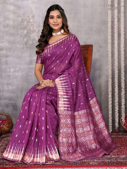 Dark Gray and Purple Chanderi Zari-woven Saree with Attached Blouse Piece [ Export Quality ]