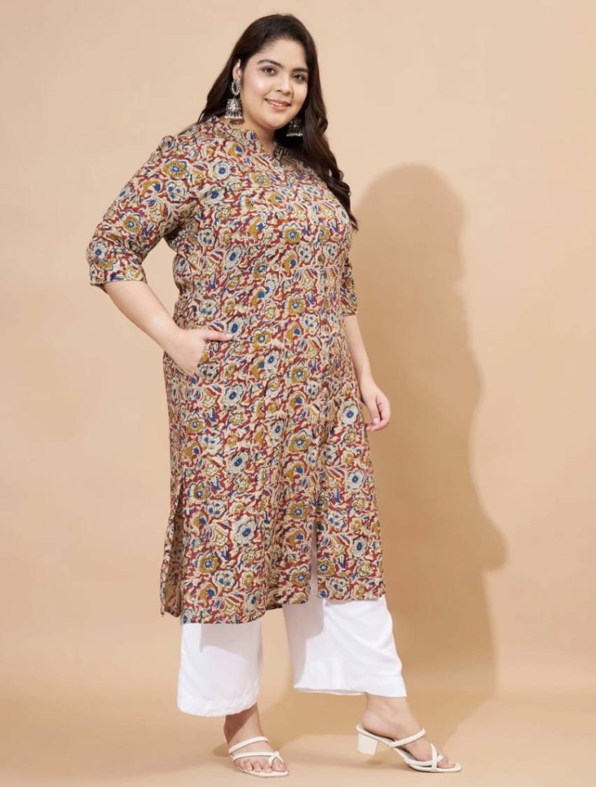 Plus Size Mustard Floral Printed Rayon Straight Kurta \ Only Top [ Export Quality ]