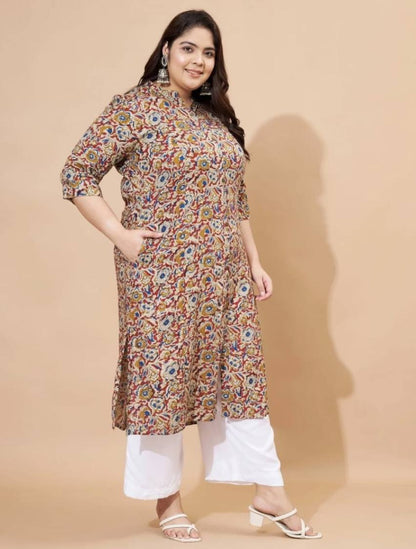Plus Size Mustard Floral Printed Rayon Straight Kurta \ Only Top [ Export Quality ]