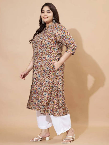 Plus Size Mustard Floral Printed Rayon Straight Kurta \ Only Top [ Export Quality ]